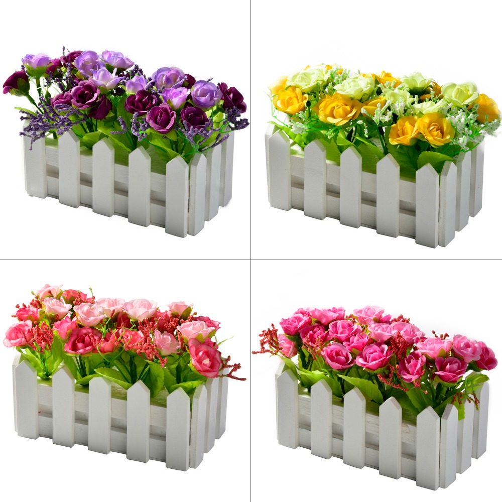 

artificial diamond rose flowers set for wedding Garden Decor Fake flower+16cm wood fence vase bonsai farmhouse decor rose P5, Yellow