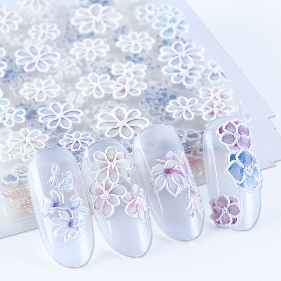 

White Flowers 5D Carved Nail Sticker Engraved Petal Slider Self Adhesive Decals Nail Art Decoration Full Wrap BE1019, 03