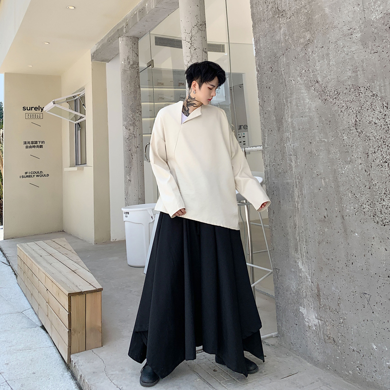 

Men Long Sleeve Asymmetric Collar Loose Casual Pullover Shirt Male Japan Streetwear Hip Hop Couple Shirts Stage Show Costumes, Beige