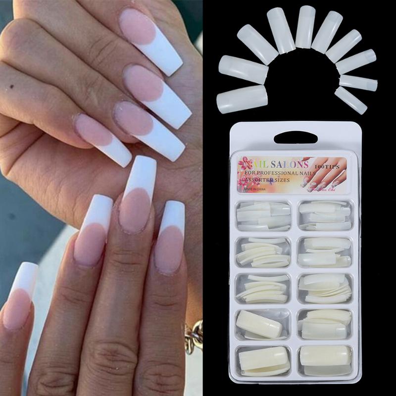 

100Pcs/Box Ballerina Coffin Fake Nails Half Style UV Gel French Stiletto False Nail Art Tips Acrylic DIY Manicure Tools 6 Types, 01