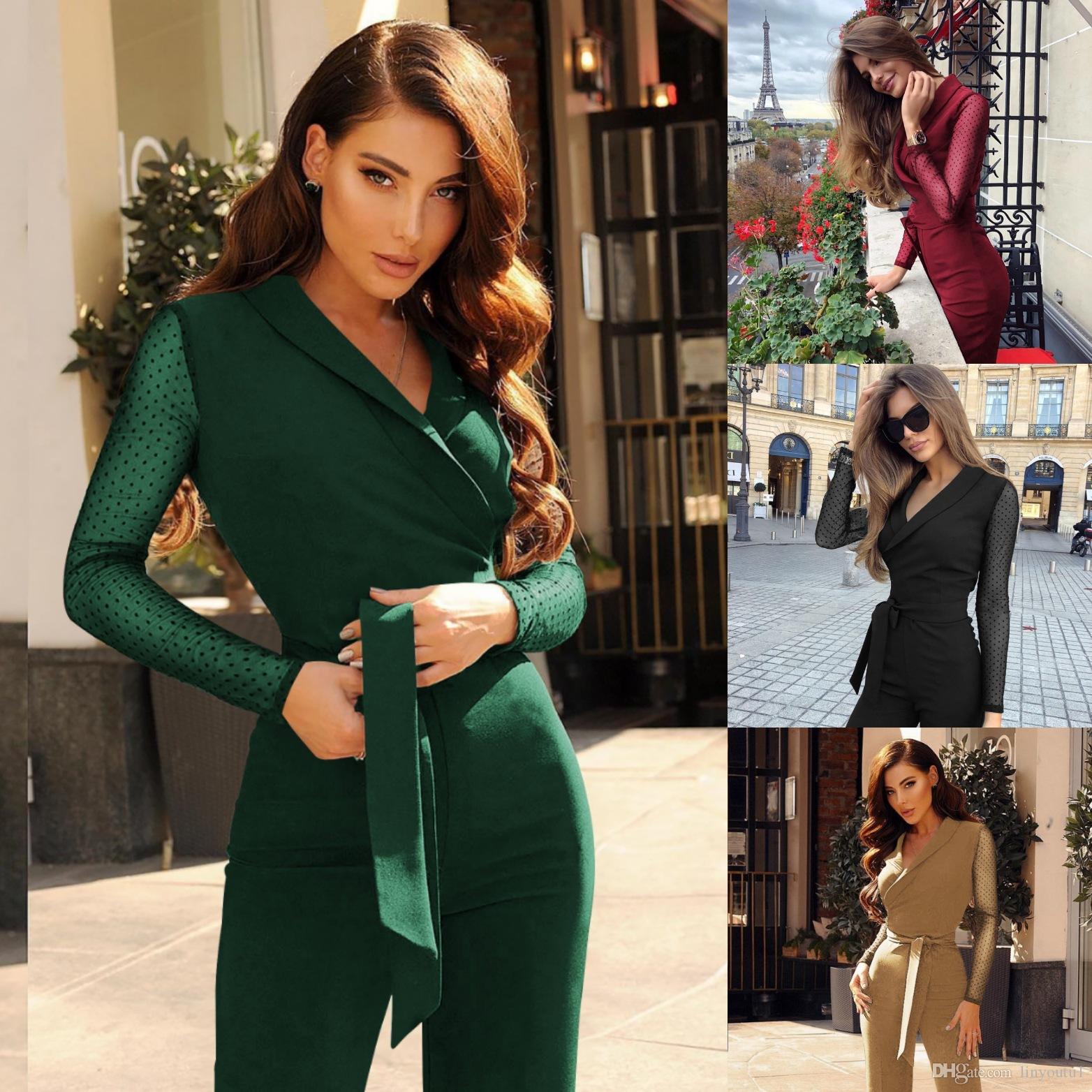 

2020 Women Jumpsuits V neck Sexy Strap Slim Long Sleeve stitching wave point long sleeve Jumpsuit Romper Trousers Loose Leotard, 4#