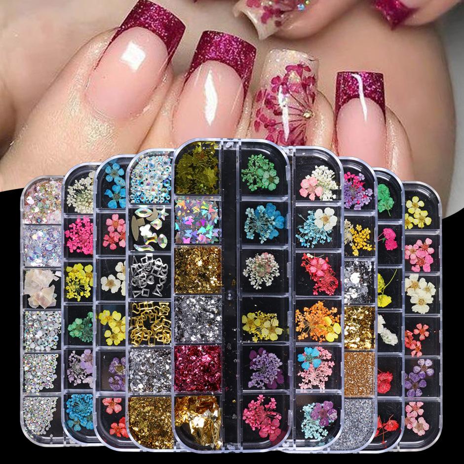 

New Dried Flowers Glitter Flakes Mix Nail Decorations Floral Leaf Sticker Jewelry Summer Beauty DIY Accessories 12 Grid
