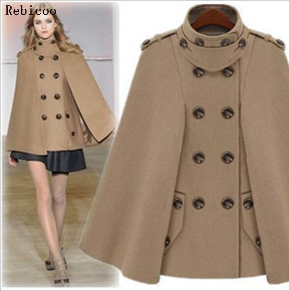 

Autumn Winter Fashion Women Wool Cape Coat Fur Collar Woolen Blend Coats Female Hooded Cashmere Poncho Overcoat, Khaki