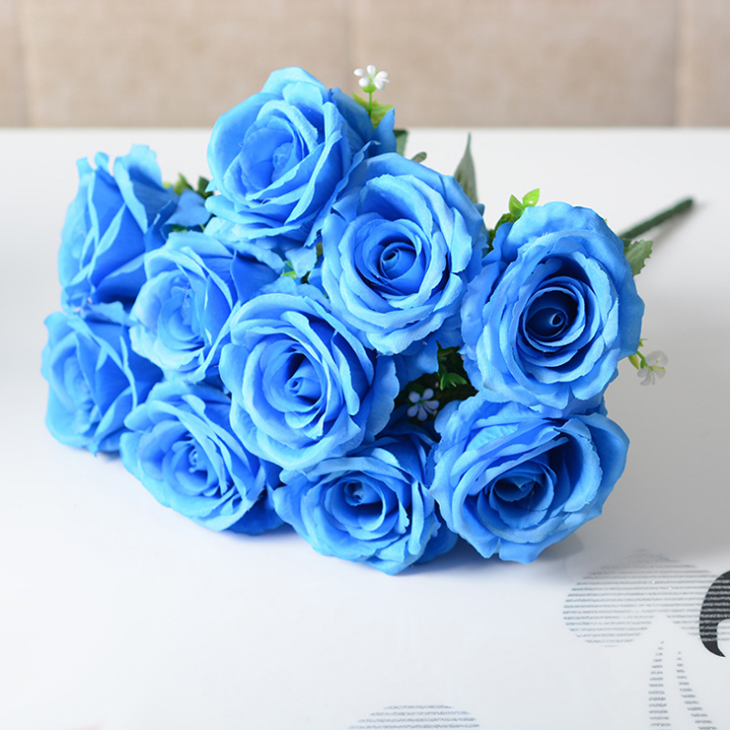 

10 Heads Rose Large Bunch of Roses Wedding Simulation Prop Flowers Living Room Table Silk Flowers Fake, Blue