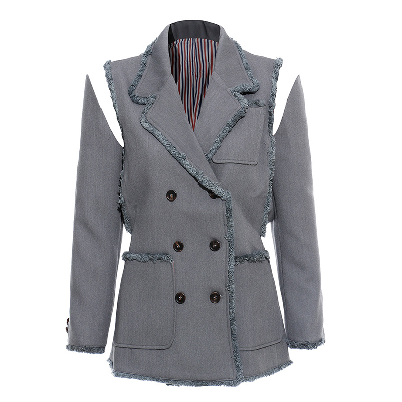 

Tassel Patchwork Blazer For Women Lapel Collar Long Sleeve Big Size Coat Tops Female OL Fashion 2019 Autumn New, Gray