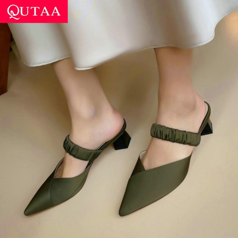 

QUTAA 2020 Pointed Toe Square Middle Heel Sandals Slingback Summer Slip on Women Shoes Cow Leather Satin Ladies Pumps Size 34-39, Beige