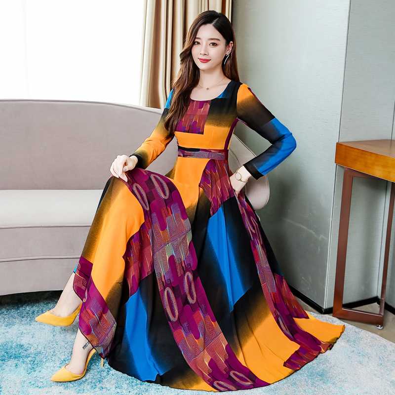 

2020 Autumn New Arrival Plus Size -3XL Korean Round Collar Color Block Long Sleeve Woman Chiffon Long Dress, Red