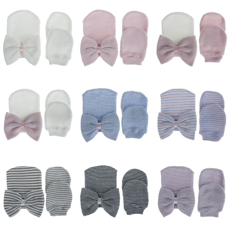 

Baby Anti Scratching Gloves Big Bow Hat Set Protection Scratch Mittens Cap Kits