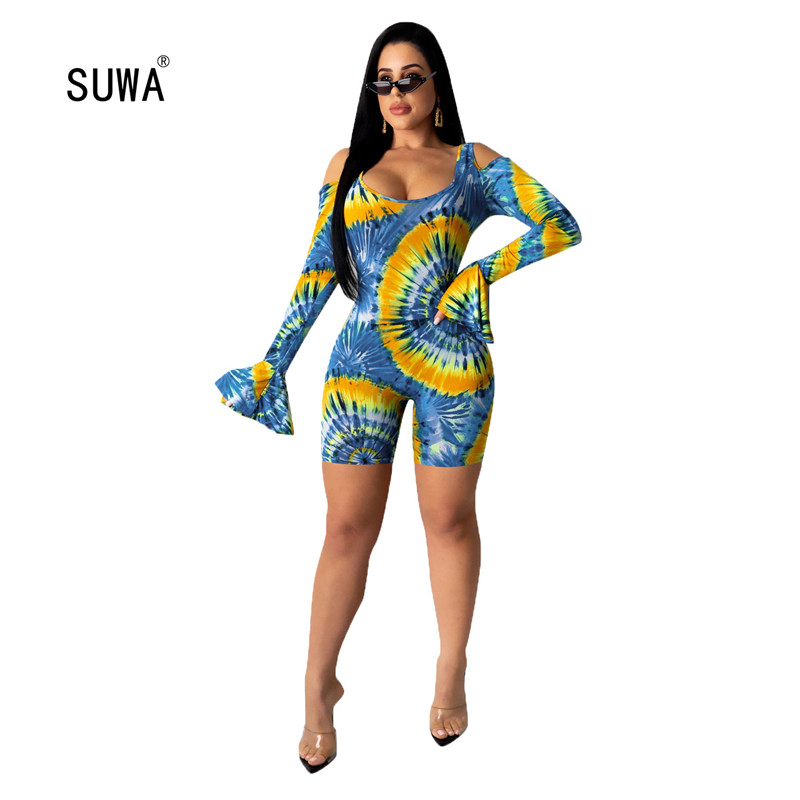 

SUWA Newon Paisley Print Short Jumpsuit 2020 Hot Sale Women O Neck Long Flare Sleeve Hollow Out Casual Playsuit Streetwear, Multi