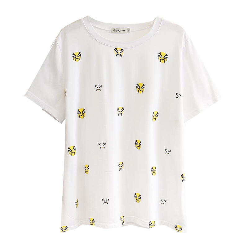 

Women Summer T-shirt Lady Tees Female Short Sleeve Tops Peking Opera Print Fashion Plus Size S53-424, White