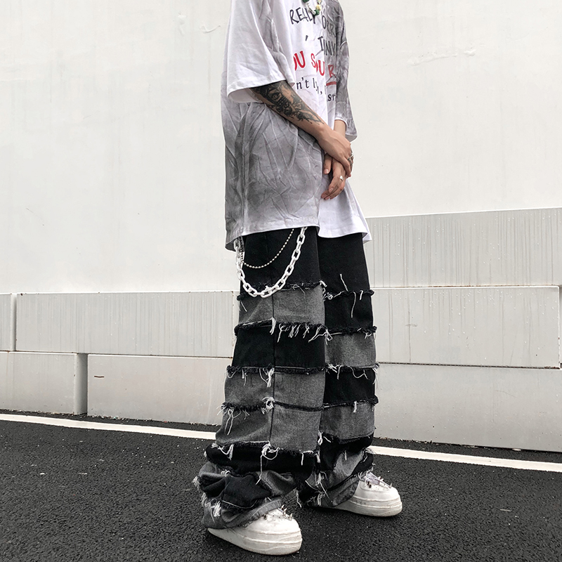 

UNCLEDONJM Tassel Pants Men's Fashion Ins Pendant Wide Leg Hip Hop Lazy Wind Jeans Couple's Pants Loose jeans men, Black