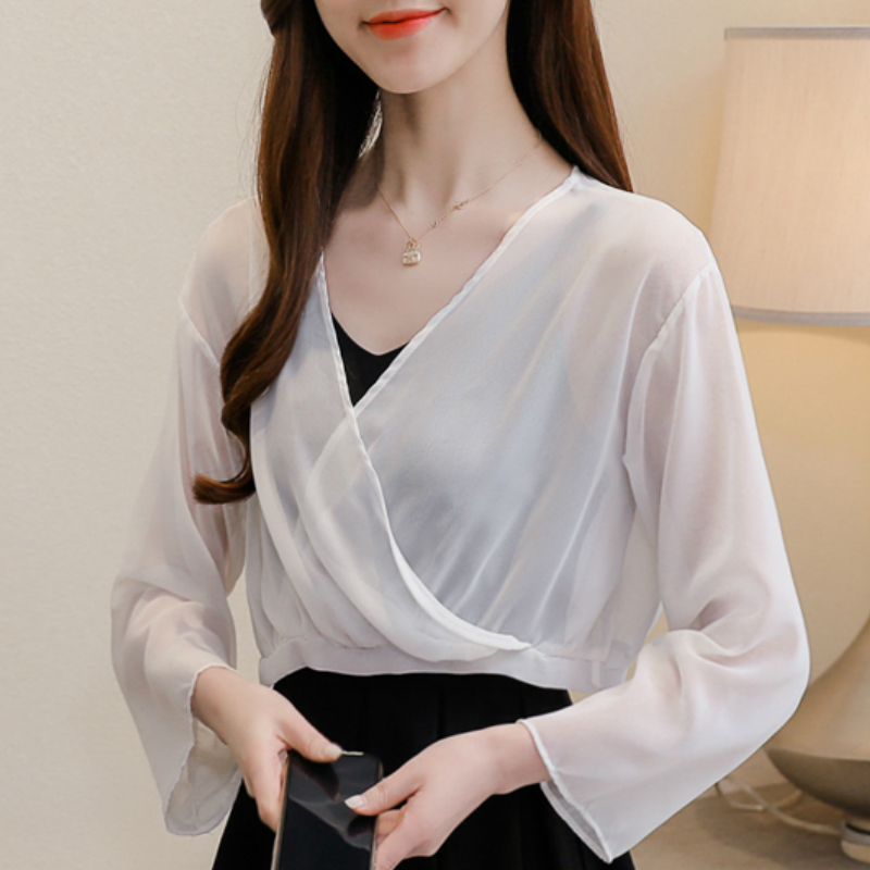 

blusas mujer de moda 2020 V-neck white chiffon blouse shirt women tops clothes casual short blouse womens tops and blouses C775