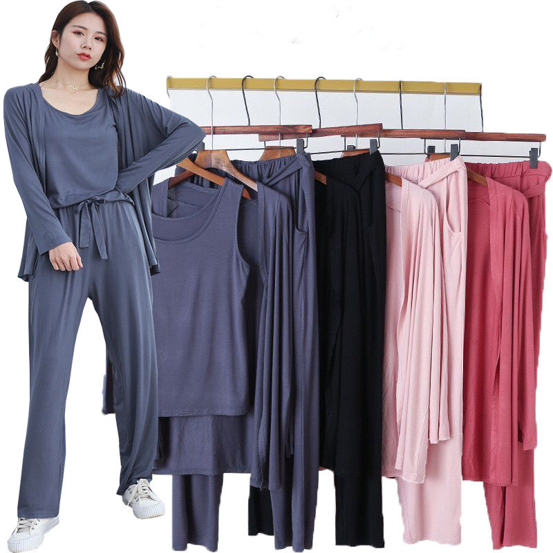 

3 Pieces Set Long Sleeve Modal Atoff Home Women's Loose Casual Pajamas Soft Home Cloth Plus Size Loose Sleepwear, Black