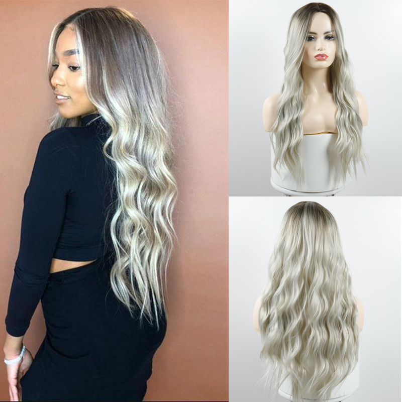 

AZQUEEN Long Wavy Womens Wig Natural Part Side Hair Ombre Synthetic Wigs Platinum/Blonde/Black Wigs Heat Resistant for Women, 93883