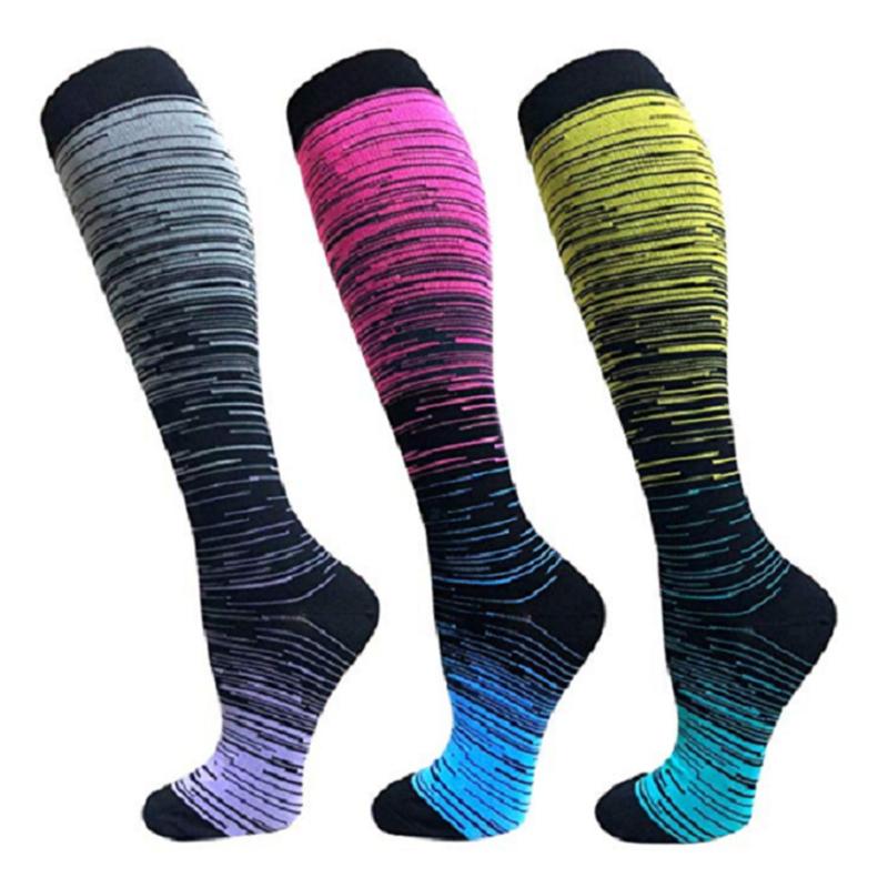 

3 Pairs Long Compression Socks Nylon Outdoor Gradient Color Sweat Absorbing Stockings For Marathon Running Sports, As pic
