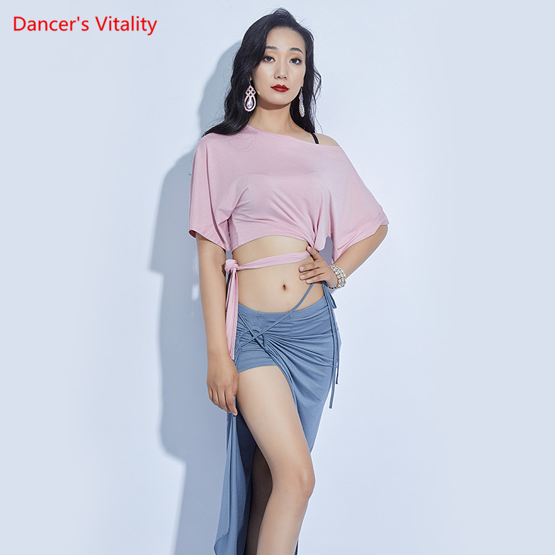 

Belly Dance Suit Female Adult elegant Top Summer And Autumn Tie-up Blouse Drawstring Long Skirt dance Practice Clothes, Pink top