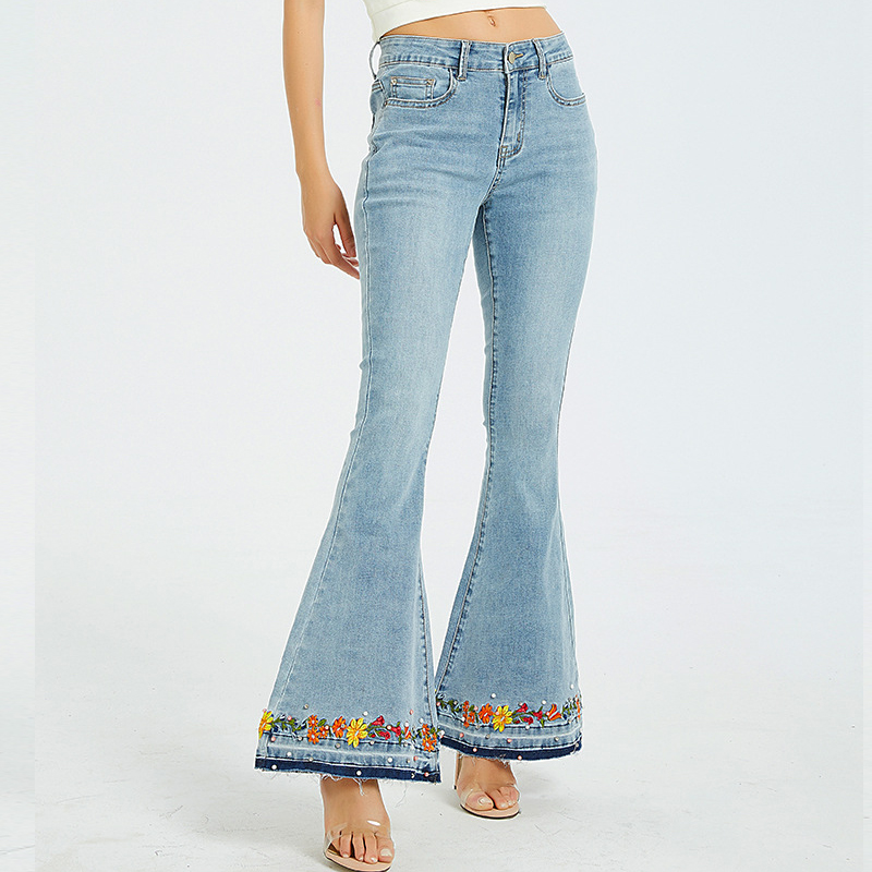 

High Waist Stretch Pearl Jeans Women Flare Pants Wide Leg Boot Cut Denim Trousers Rivet Diamonds Bell Bottom Palazzo Plus Size, Blue