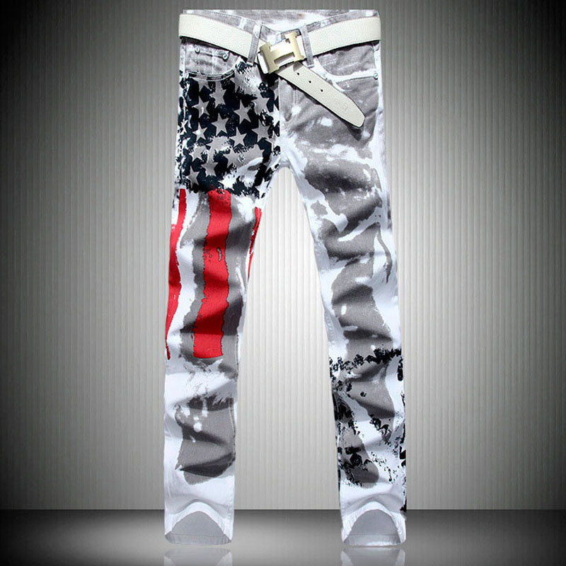 

2020 New Fashion Mens American USA Flag Printed Jeans Straight Slim Fit Trousers Plus Size 38 40 42 Casual Jeans Pants For Men, White
