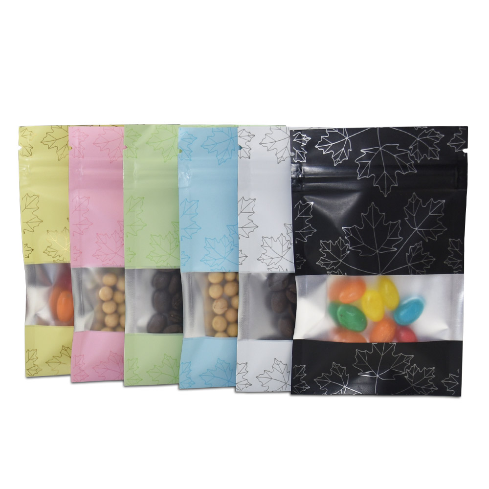 

100pieces Matte Surface Multiple Colour Self Seal Aluminum Foil Package Bag with Clear Plastic Window Top Zip Lock Mylar Bag for Cereal Nuts