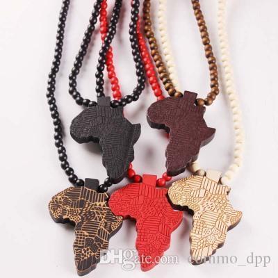 

Hip Hop Wooden Map Of Africa Pendant Necklaces Wood Beads Beaded Chains For Women & Men Hiphop Jewelry Gift