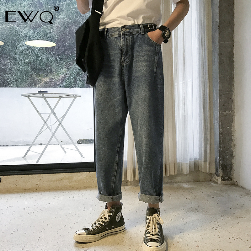 

EWQ 2019 Spring Men Casual Denim Pants Korean Styles Ankle-length Straight Trousers Men's Fashion Loose Slim Jean Pants HD687, Light blue