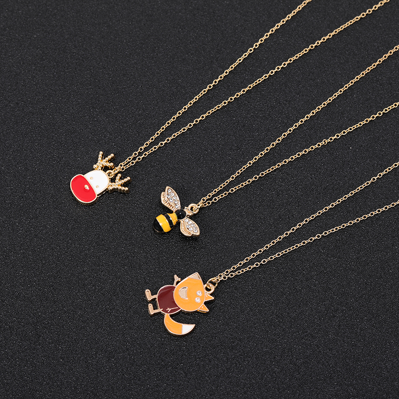 5pcs Cartoon Colorful Animal Fox Necklace Crystal Bumble Queen Honey Bee Necklace Christmas Elk Deer Head Chain Necklaces for Women-image-532602592