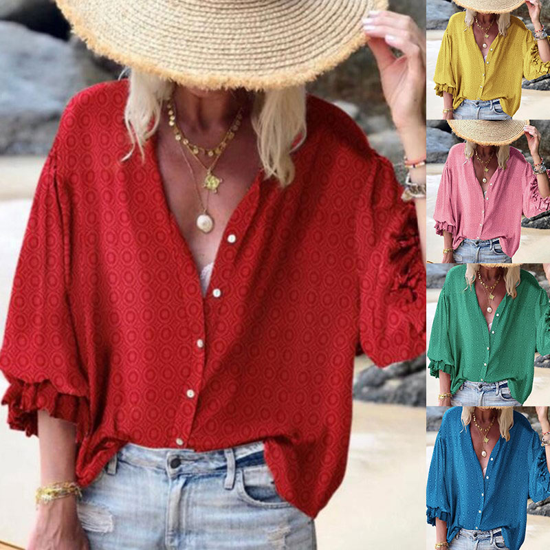 

Women Polka Dot Shirt Blouse Casual Single-breasted Loose Tops Summer Beach LF88, Blue