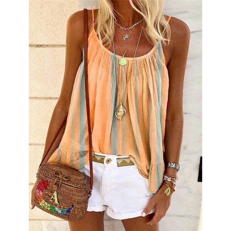 

Summer Vertical Stripe Print Tank Top Women Vest Sleeveless Camisole Loose Top Camise Plus Size Womens Tank Tops, Orange