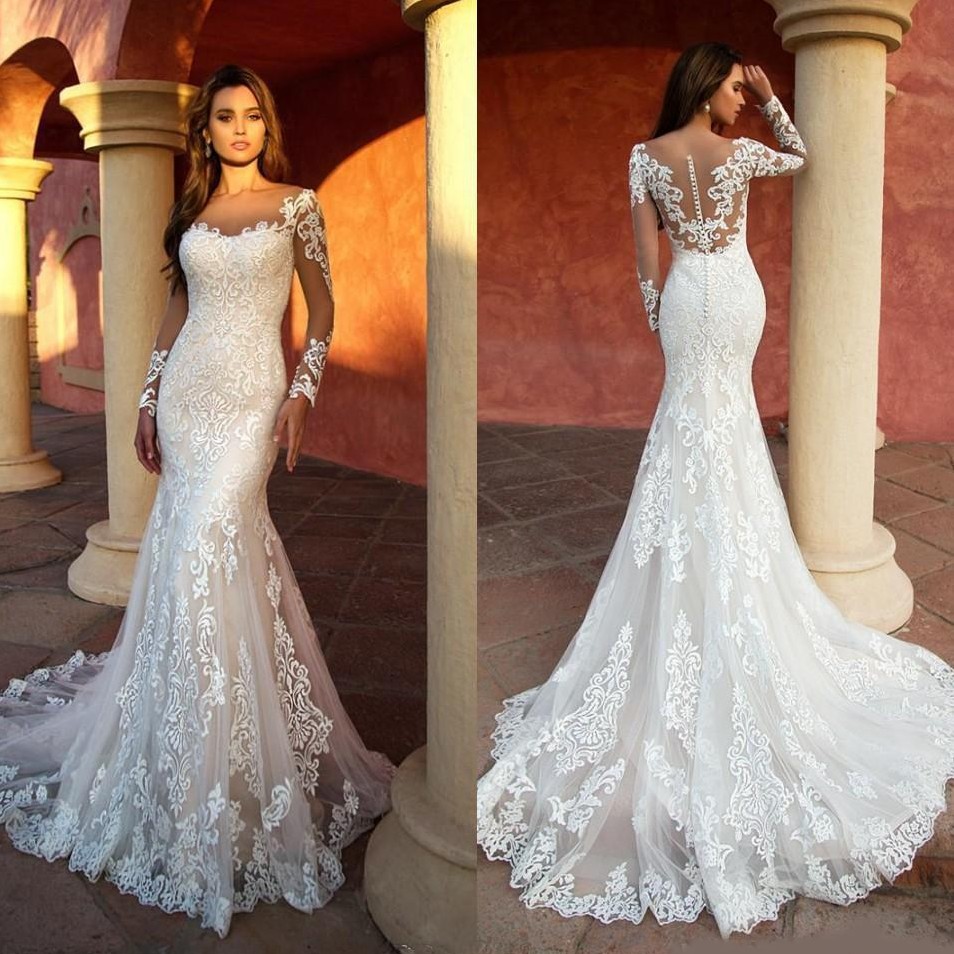 

2022 Vintage 3D Appliqued Lace Mermaid Wedding Dresses Sheer Neck Long Sleeve Bridal Gowns Illusion Wedding Dress robe de mariee, Ivory