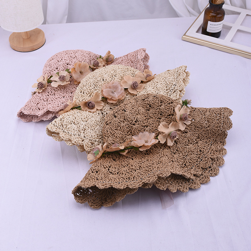 

hand making parent-kid summer straw hat women girl wide brim beach hat sun UV protection panama bone chapeu feminino, Khaki