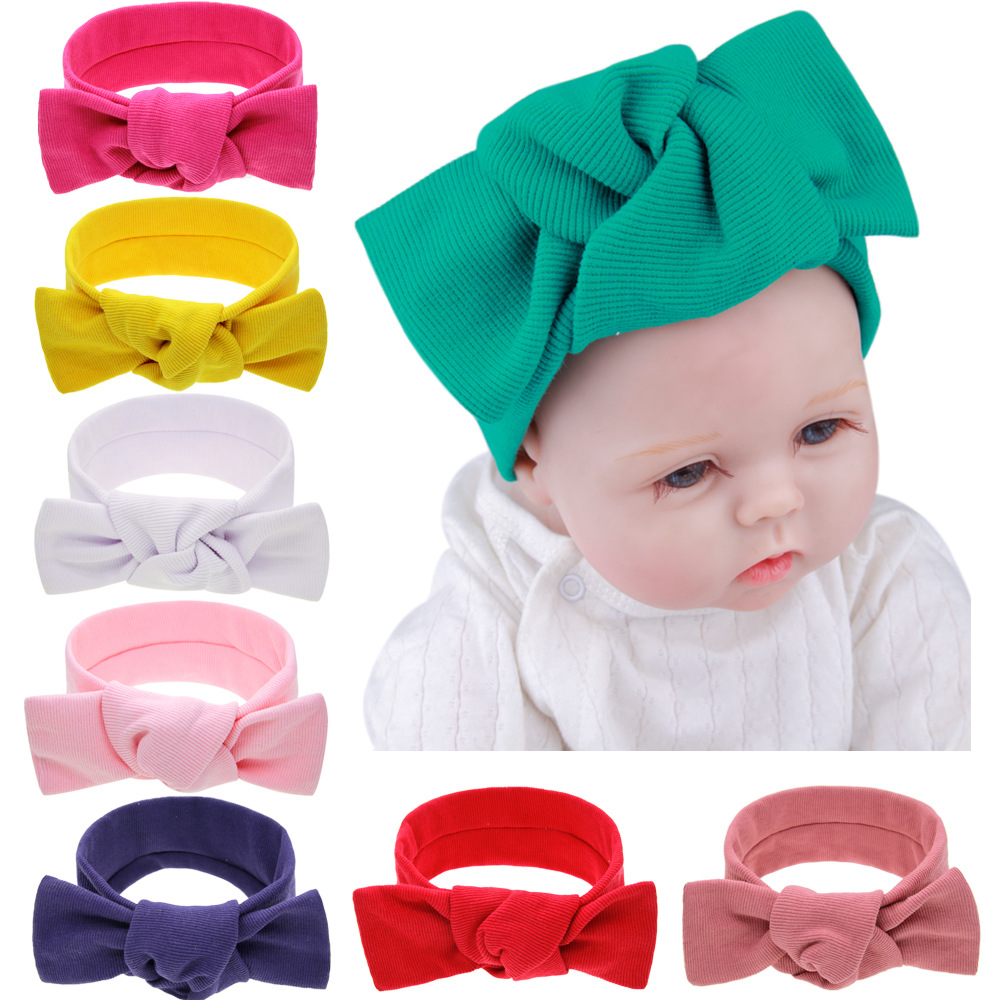 

15431 Baby Bunny Ears Headband Kids Hair Band Solid Color Baby Elastic Head Band Knotted Bog Bow stripe Headwear 8 Colors, Mixed color