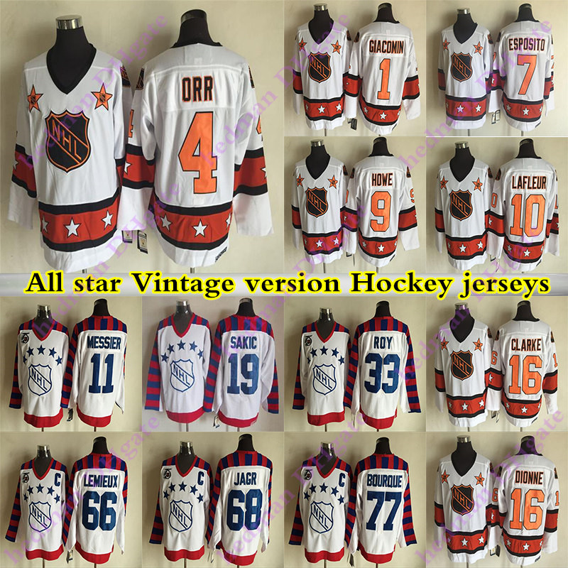 

ALL STAR CCM Vintage jerseys 66 LEMIEUX 4 ORR 33 ROY 9 HOWE 77 BOURQUE 68 JAGR 16 CLARKE 19 SAKIC Hockey Jersey, Yellow