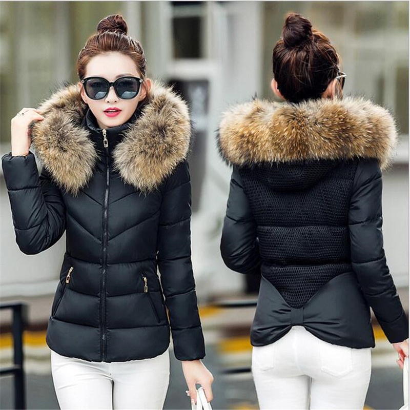 

Slim Jacket Women Parkas Winter Fur Collar Coats Hooded Cotton Padded Short Jackets Female Warm Black Outwear Overcoat KNHJ633, Red coats