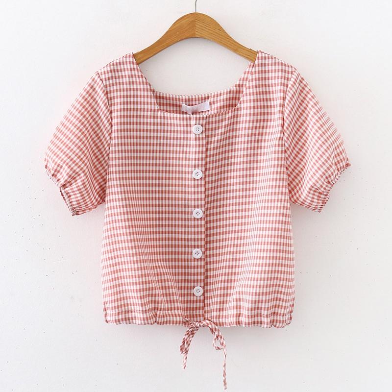 

Fashion Elegant Blouse Women Summer Top French Retro V-Neck Short Sleeve Casual Blouse Button Plaid Blusas Mujer De Moda 2020, Blue