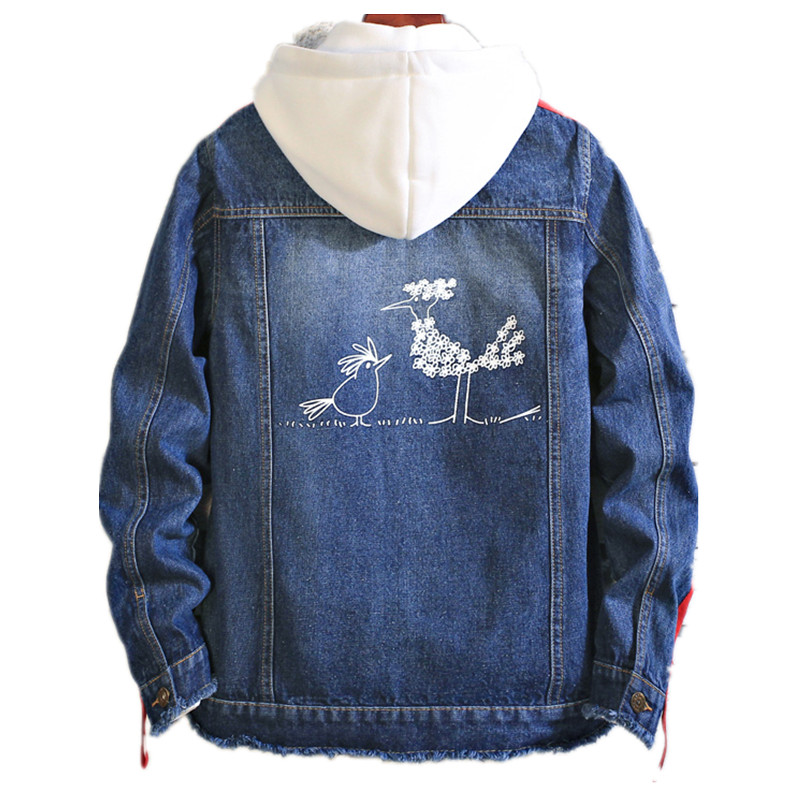 

Denim Jacket Men Slim Fits Solid Single Breasted Bird Pattern Coats Men Cowboy Fashion Clothing Hip Jean Jacket, Blue