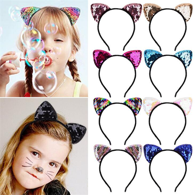 Cute Kids Girls Glitter Cat Ear Sequins Hairband Headband Hair Hoop Accessories