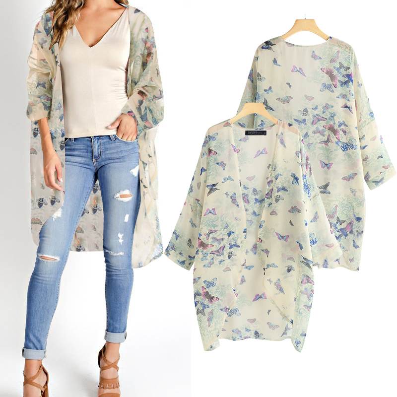 

ZANZEA Summer Chiffon Blouse Bohemian Printed Kimono Cape Women Floral Tops 2020 Cardigans Female Cover Up Plus Size Beach Tunic, B floral