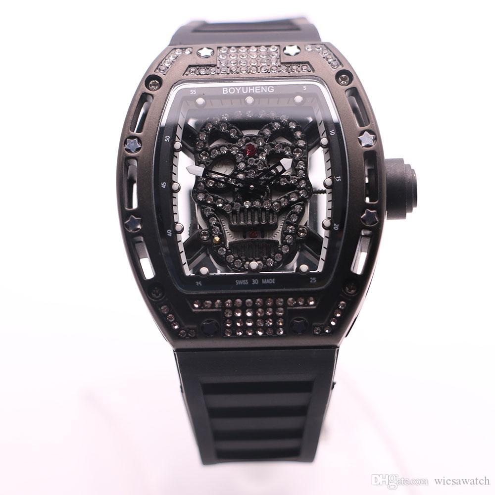 

BOYUHENG Transparent Quartz Movement 43MM Diamond Hollow Skull Skeleton Dial Mens Watches Rubber Band Full Black Watch Wristwatches