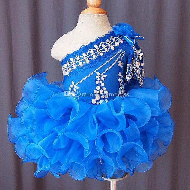 New 2019 One Shoulder Girl's Pageant Dresses blue lace beads bow flower girls cupcake little girls pageant dresses kids toddler ball gown