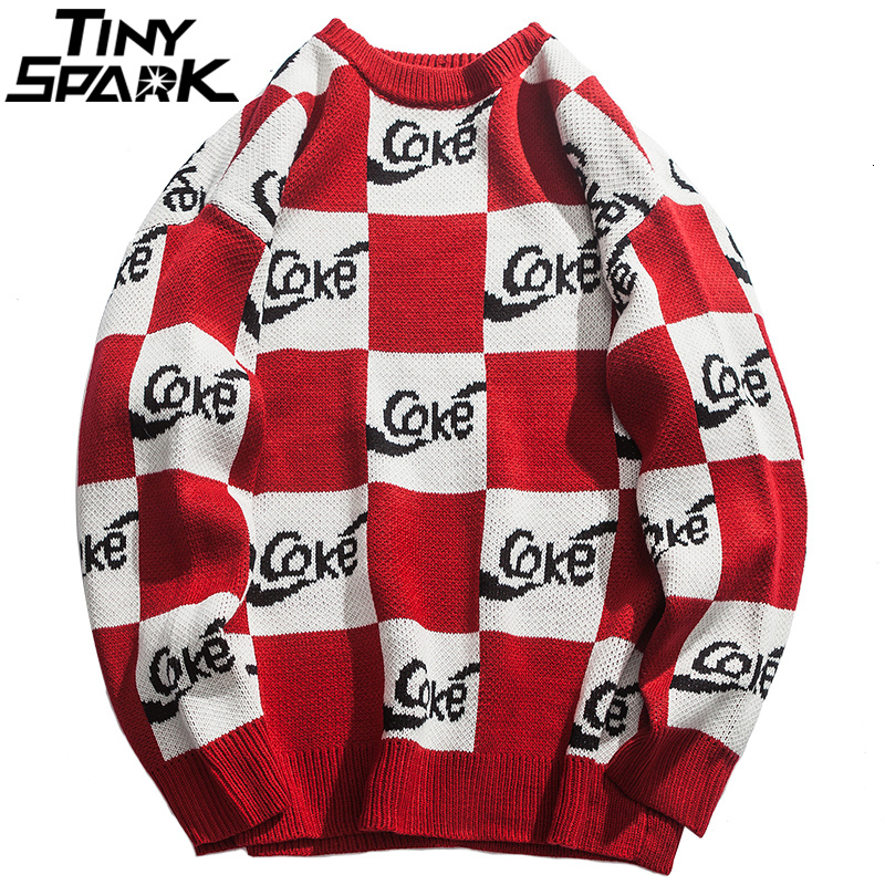 

White Red Plaid Sweater Streetwear Men Hip Hop Knitted Sweater Pullover Checkered Autumn 2018 Cotton Retro Sweater Street StyleMX190926, A508862 red