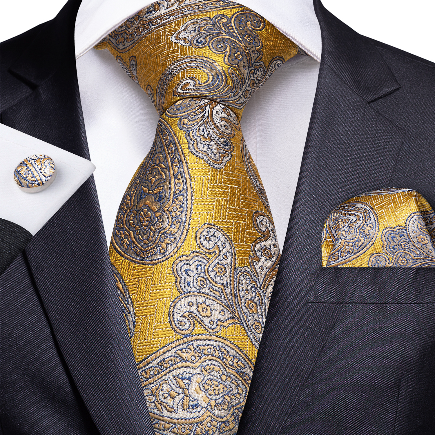 

Fast Shipping Ties Mens 100% Silk Designers Fashion Yellow White Paisley Tie Hanky Cufflinks Sets for Mens Formal Wedding Party Groom N-1730, Black;blue