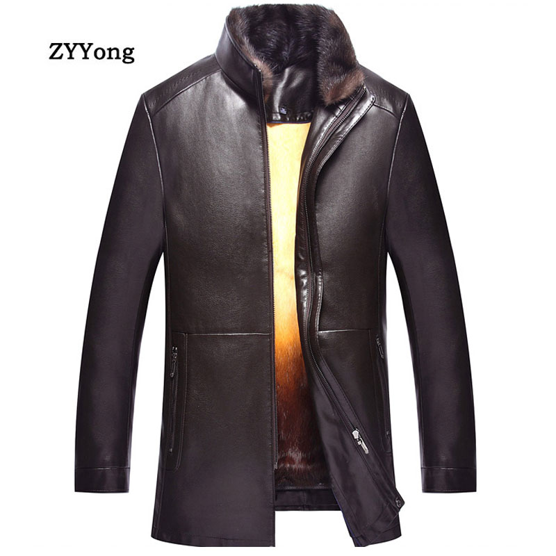 

2020 New Fur Collar Leather Coat Men Jacket Down Plus Velvet Liner PU Leather Winter Business Casual Chaquetas Hombre Clothing, Black