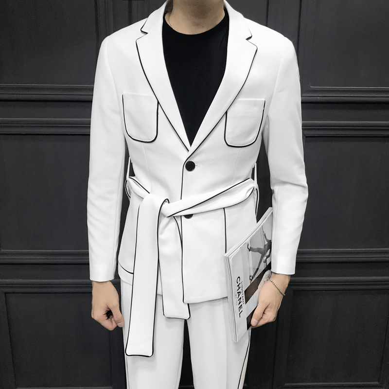 

2019 Spring Long Sleeve Belt Decoration Man's Suit Korean Self-cultivation Weave Bring Full Dress Suit Man Ternos Masculino, Black