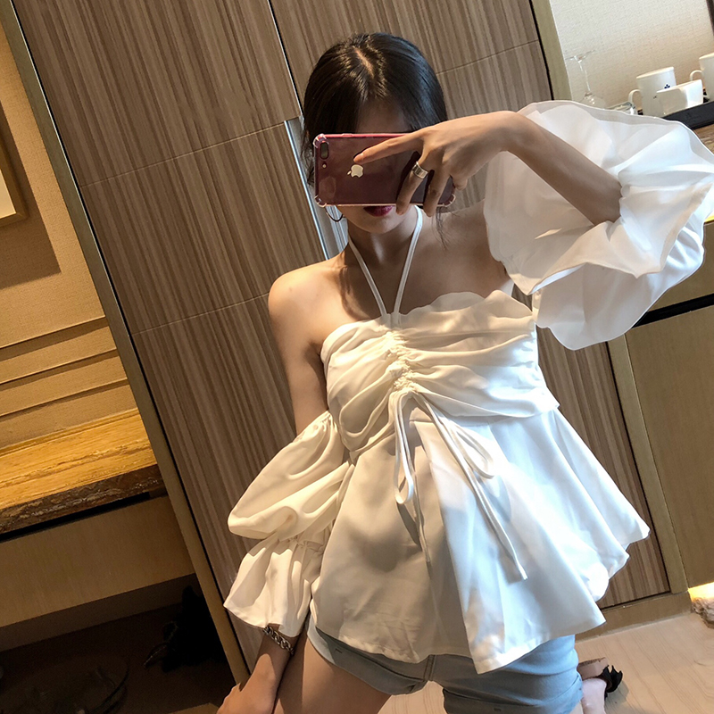 

Spring Summer Blouse Women Clothes 2019 Korean Vintage Sexy White Shirt Off Shoulder Top Vintage Women Tops Camisas Mujer ZT2669, Black