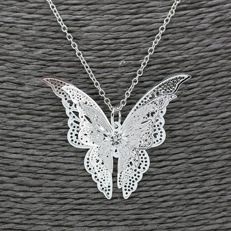 

925 Silver Chain Necklace Butterfly Pendant Charms Jewelry Long Link Chain Hallow Fashion Women Girls Rhinestone Necklaces For Weddings