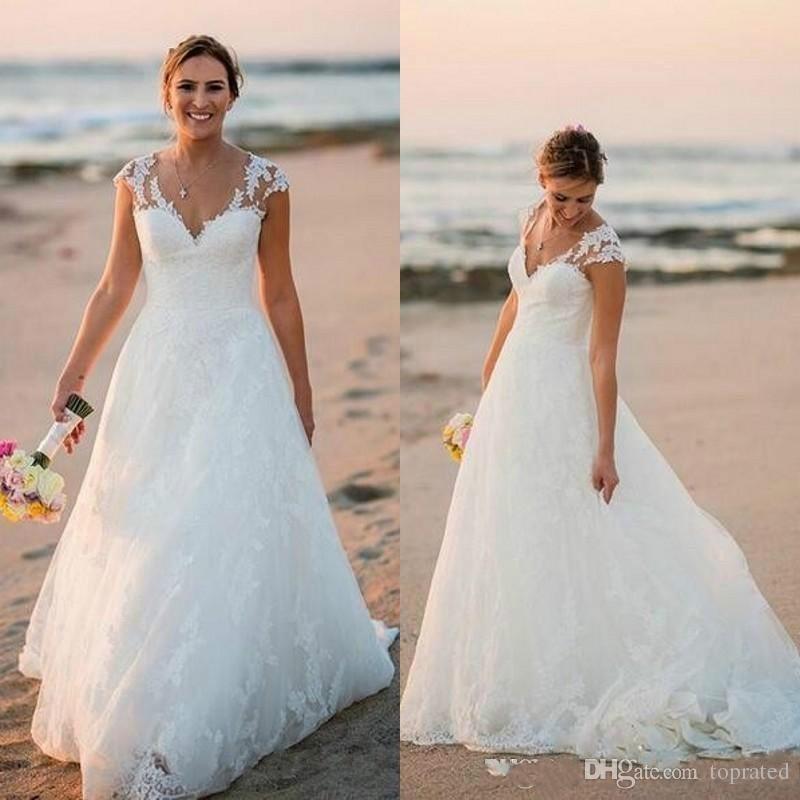 

2019 Country Lace Wedding Dresses A Line V-Neck Capped Sleeve Applique Plus Size robe de mariée Bridal Gown Sweep Train Boho Wedding Dress, Ivory