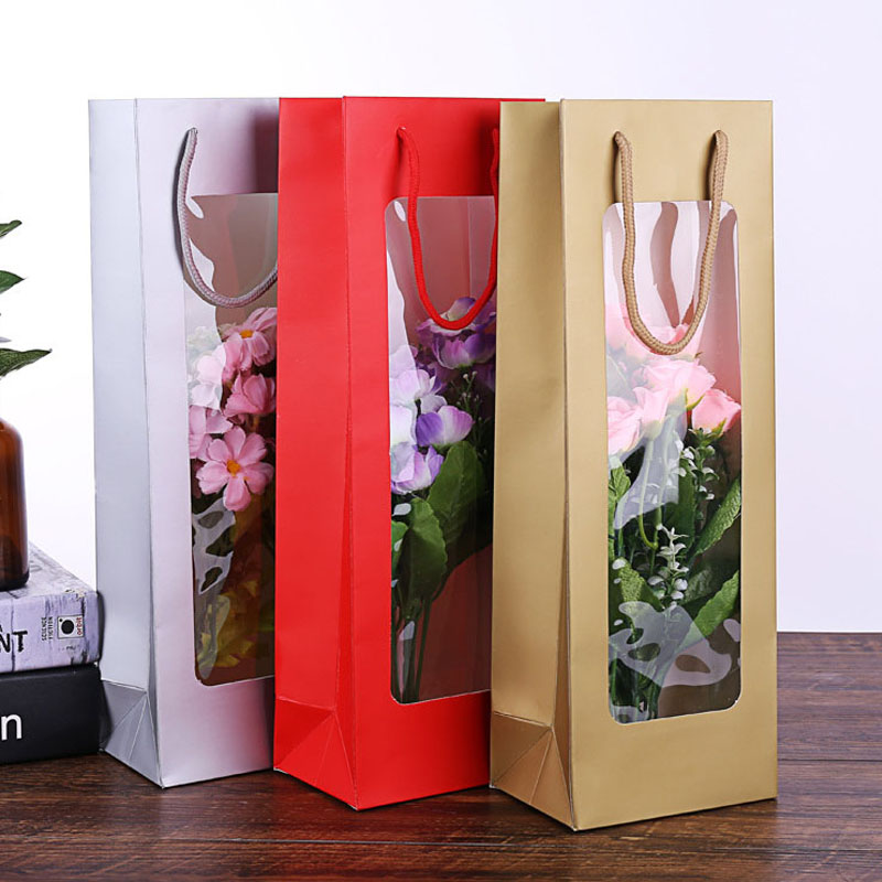 

Single Red Wine Bottle Package Bags Portable Handle Flower Bag with Clear Window Wedding Favor Party Gift Bags