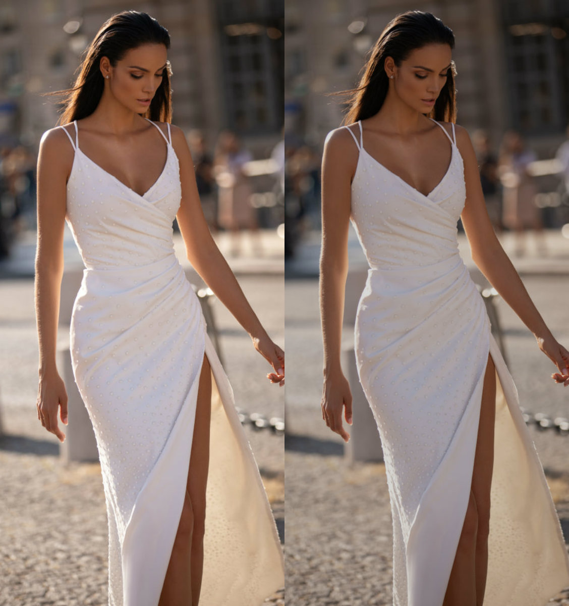 

Modern Mermaid Naama Wedding Dresses Spaghetti Sleeveless Pearls Split Wedding Gowns Floor Length robe de mariée, Grape