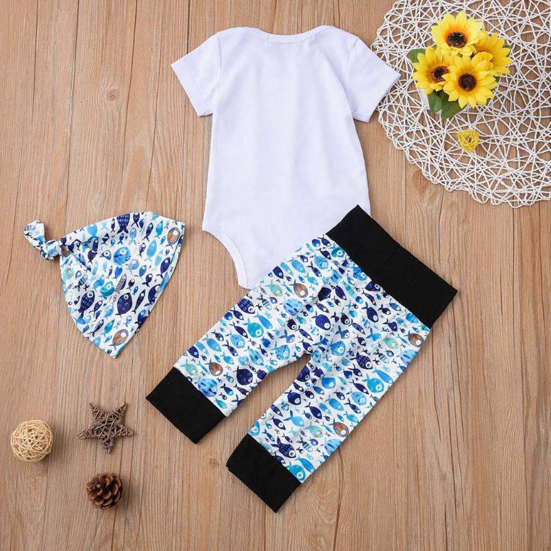 

3pcs Newborn Kid Baby Girls Letter Romper +fish Print Pants Hat Outfits Set Kids Child Summer Cotton Girls Casual Clothing, White