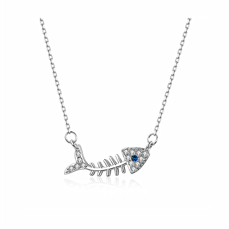 AMDXD Jewelry Sterling Silver Pendant Necklaces for Women Fish Bone Oval Cubic Zirconia